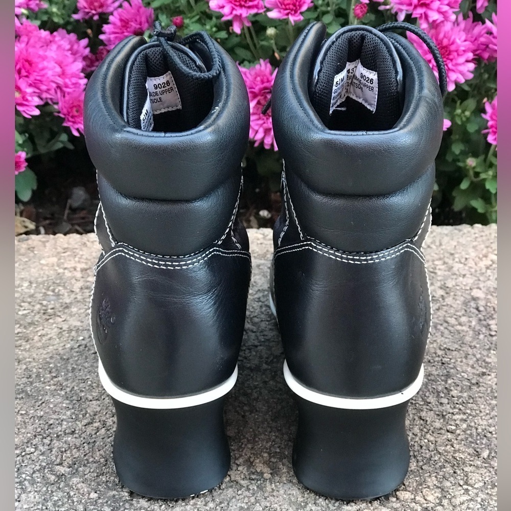 TIMBERLAND Hill Wedge Ankle Boots Size 5.5 Leather lace-up Black with White trim - Picture 8 of 16
